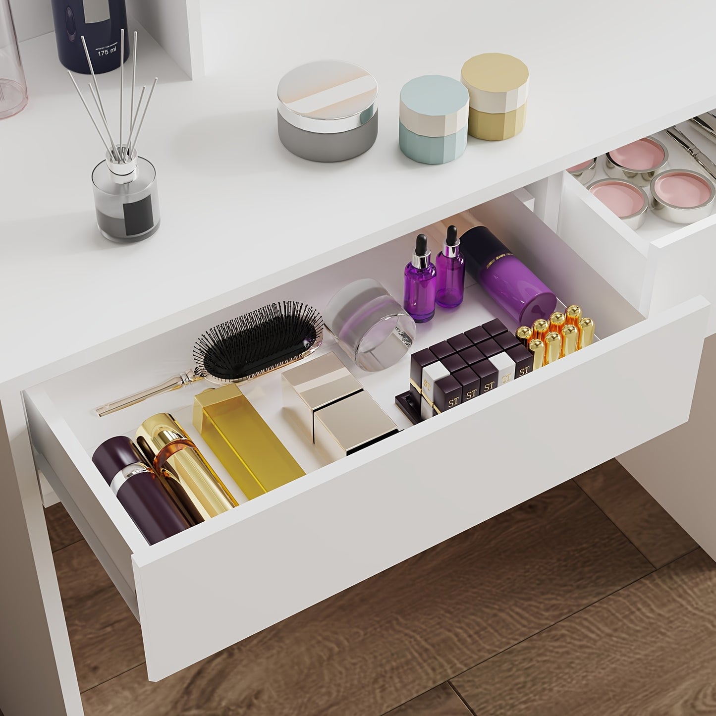 Vanity Desk – Make-up Tafel – Kaptafel – Schminktisch – Dressing Table – Verlichte Spiegel Met 3 Lichtstanden – 6 Laden Met 3 Opbergshelves – Wit – Gehard Glas