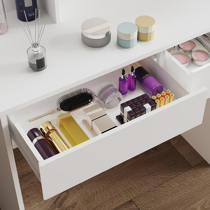 Vanity Desk – Make-up Tafel – Kaptafel – Schminktisch – Dressing Table – Verlichte Spiegel Met 3 Lichtstanden – 6 Laden Met 3 Opbergshelves – Wit – Gehard Glas