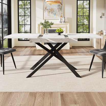 Uitschuiftafel – Inklaptafel – Klaptafel – Vouwtafel – Eettafel – Verstelbaar 120-160 cm – Wit Marmerlook – Zwarte Kruisframe Poten