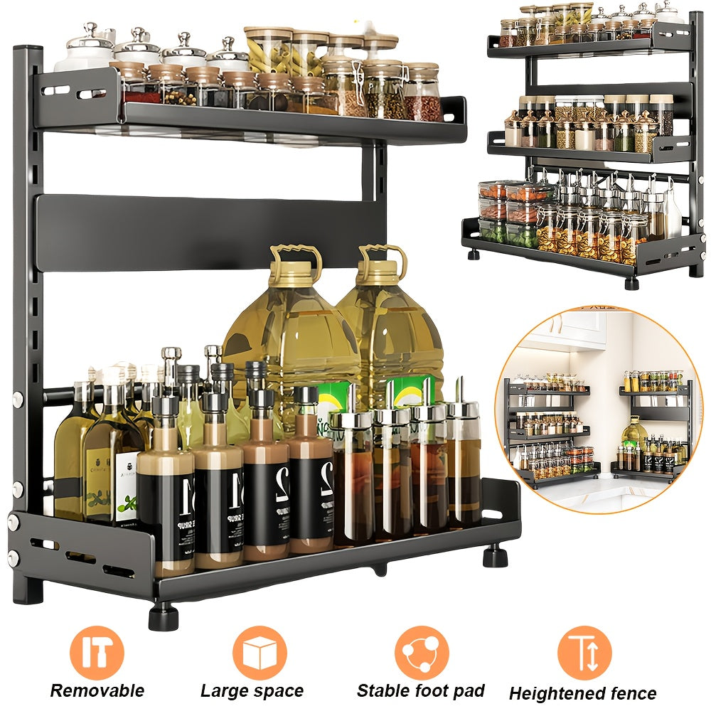 Kruidenrek – Kruidendispenser – Specerijenrek – Keukenrek – Kruidenhouder – Verstelbaar 3-laags – Zwart Metalen Koolstofstaal