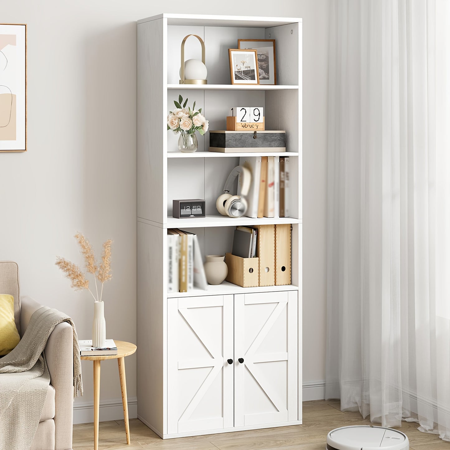 Industrial Farmhouse Bookcase with Doors - Extra Tall 181.36cm Tall Bookshelf, Heavy-Duty Hardwood Construction, No Assembly Needed, Modern Farmhouse Storage Cabinet with Doors for Living Room, Home Office, Bedroom - Space-Sa