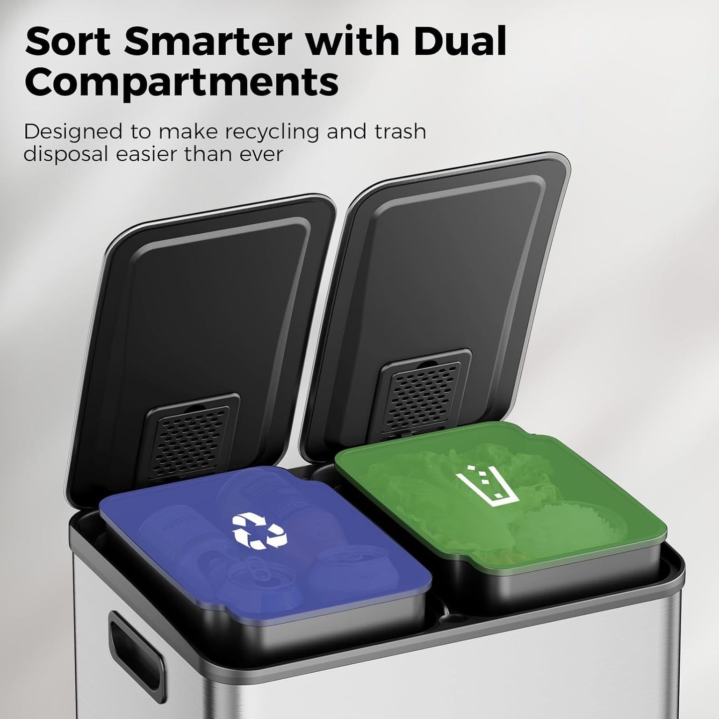 Dual Rubbish Bin with Lid, 2x20L Recycling Bin for Kitchen, 2 Compartment Pedal Bin with 20 Rubbish Bags, Removable Inner Bucket, Soft Close, 2 Carbon Filters, Kitchen Waste Management | Modern Kitchen Bin | Durable Construct