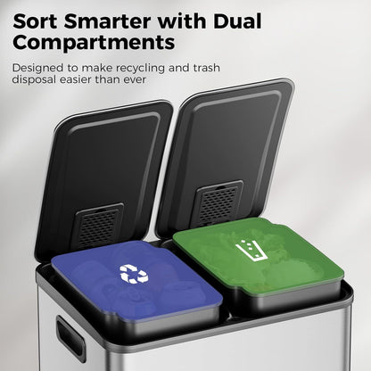 Dual Rubbish Bin with Lid, 2x20L Recycling Bin for Kitchen, 2 Compartment Pedal Bin with 20 Rubbish Bags, Removable Inner Bucket, Soft Close, 2 Carbon Filters, Kitchen Waste Management | Modern Kitchen Bin | Durable Construct