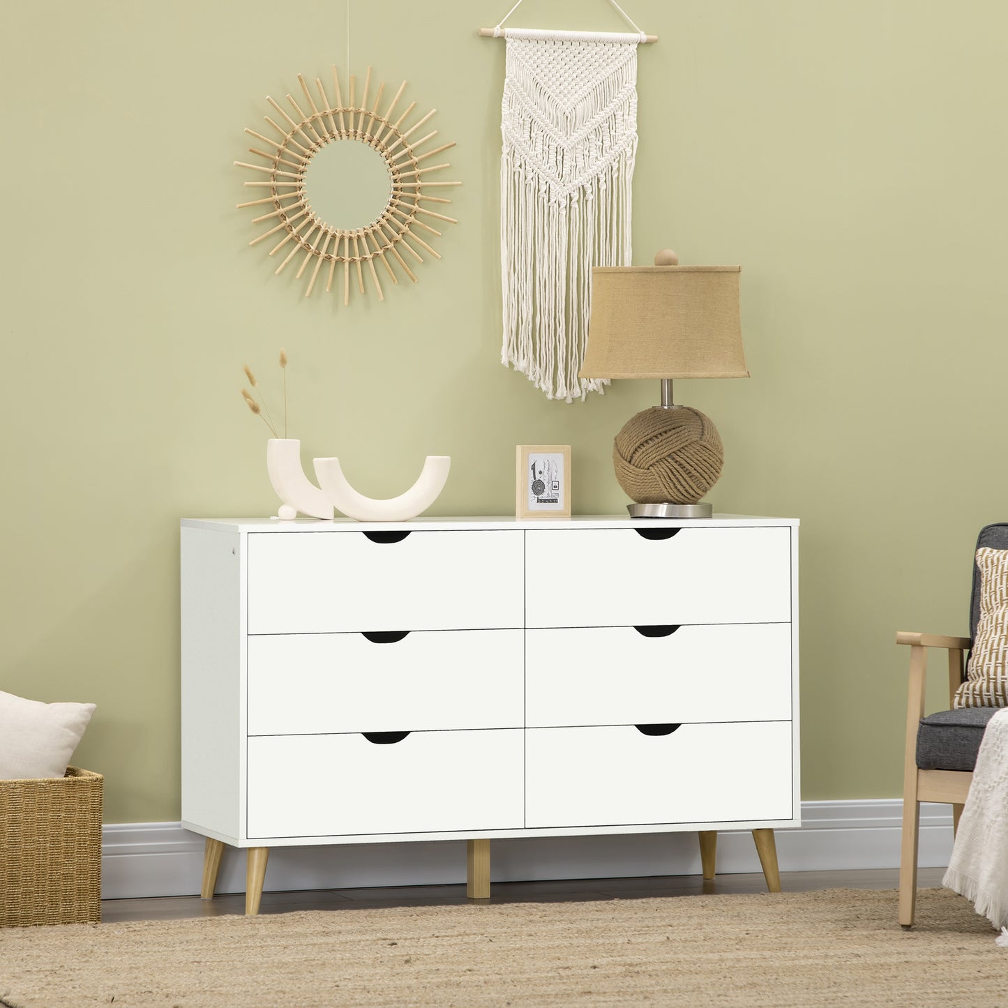 Commode – Ladekast – Opbergkast – Dressoir – Kast – 6 Lades – Scandinavisch Design – Wit Met Houten Poten – 120x40x76 cm – Stevig & Ruim