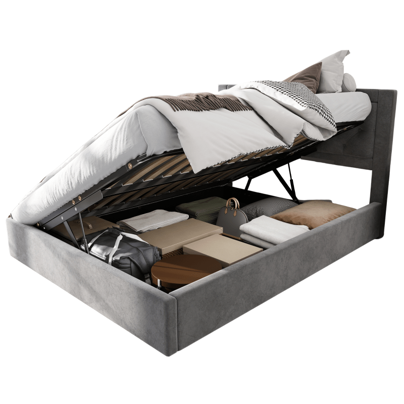 Tweepersoonsbed Chesterfield – Bed – Slaapbank – Logeerbed – Opbergbed – Grijs Velvet – Stalen Frame – Foam Hoofdbord – Opbergruimte Met Lifthendels 140x200 cm