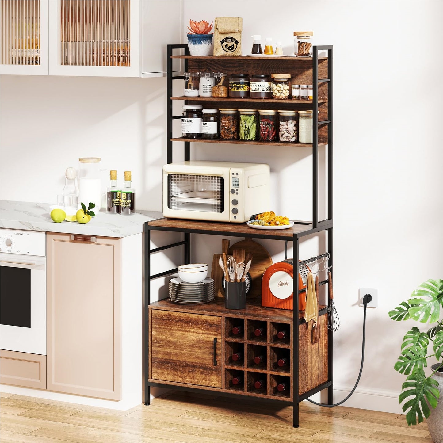 Keukenkast – Keukenkastje – Opbergkast – Kast Met Wijnrek – Vloerkast – Ingebouwd Stopcontact & USB – 80x40x170 cm Bruin