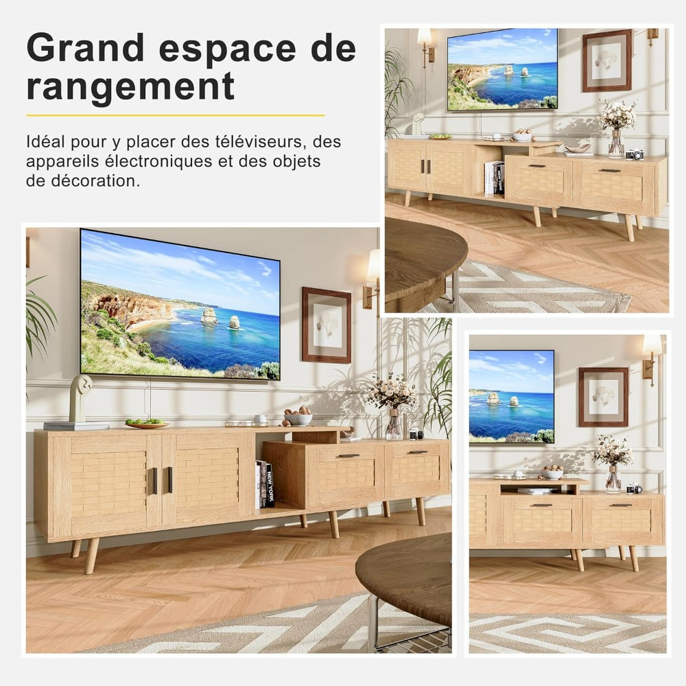 tv-meubel – tv-kast – dressoir – mediameubel – wandmeubel – Mid-Century Modern Design – Natuurlijke Rattan Accenten – 146x30x44 cm – MDF Hout