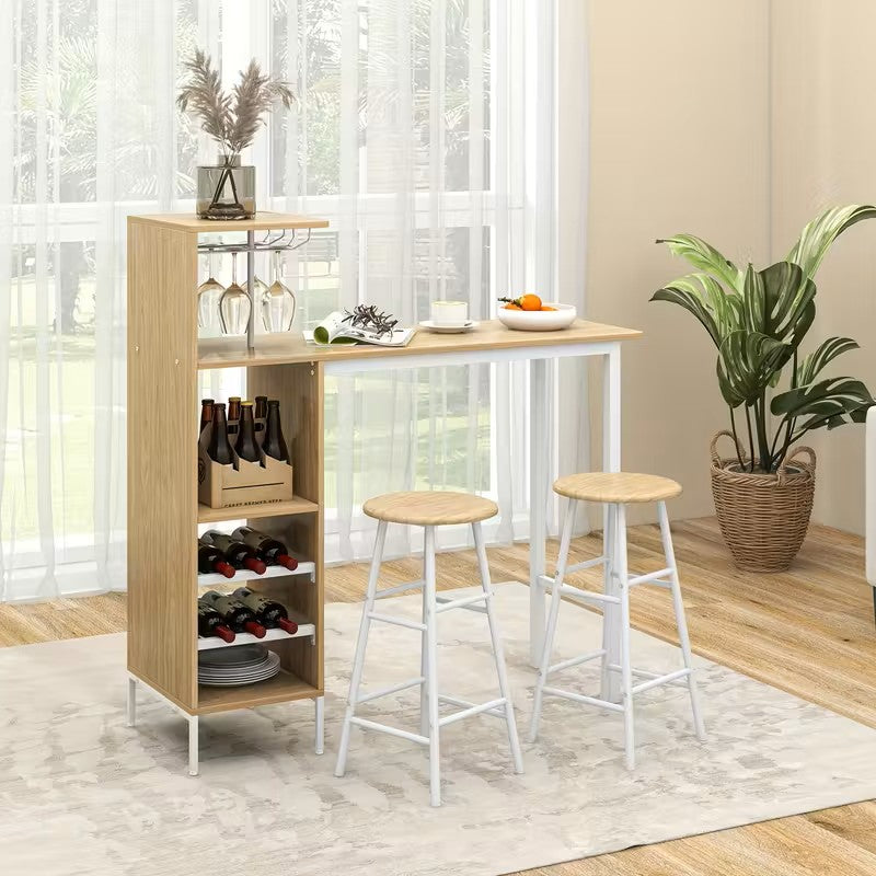 Barset – Bartafel – Barkrukken – Bistroset – Industrieel – 3-delig – MDF Met Metaal – Inclusief Wijnrek Voor 6 Flessen - Natuurlijk Hout