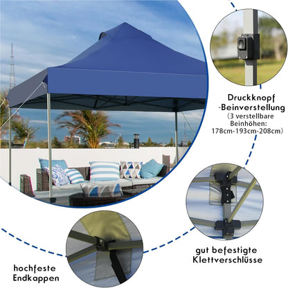 Paviljoen – Partytent – Tuinpaviljoen – Vouwtent – Prieel – 3x3m – Hoogte Verstelbaar – UV Bescherming 50+ – Winterbestendig – Blauw – Inclusief Draagtas Met Wielen