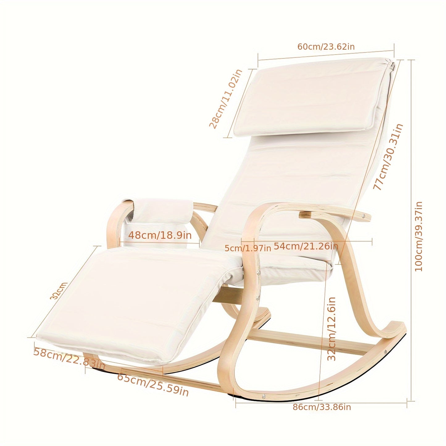 Schommelstoel – Schommelstoel Voor Woonkamer – Relaxstoel – Tuinstoel – Loungestoel – Verstelbare Rugleuning En Voetsteun – Wit Berkenhout Met Comfortabele Schuimvulling – Max 150 kg – 86 x 65 x 100 cm – Met Opbergtas En Vloerbescherming - Crèmewit