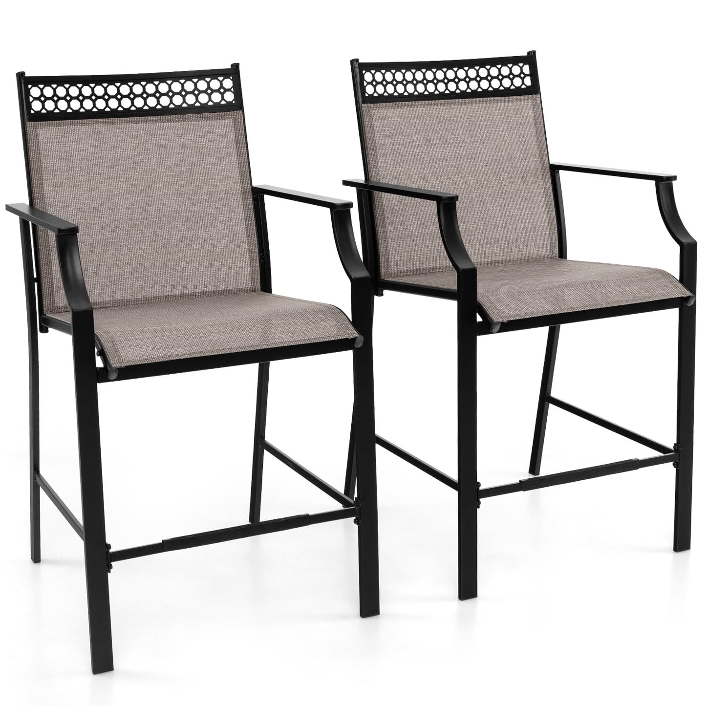 Tuinstoelen – Terrasstoelen – Buitenstoelen – Balkonstoelen – Hooge Stoelen – Sneldrogende Stof – Stevig Metalen Frame – Max. 180 kg Belastbaar – Set van 2 – Koffiekleur