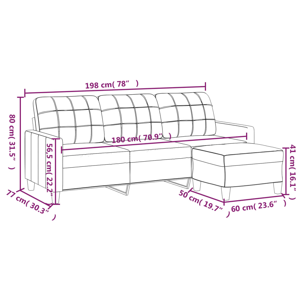 3-zitsbank – 3-zits sofa – Driezitsbank – Bank met voetenbankje – Bankstel – Comfortabele polyester bekleding – Stevig metalen frame – Cappuccino