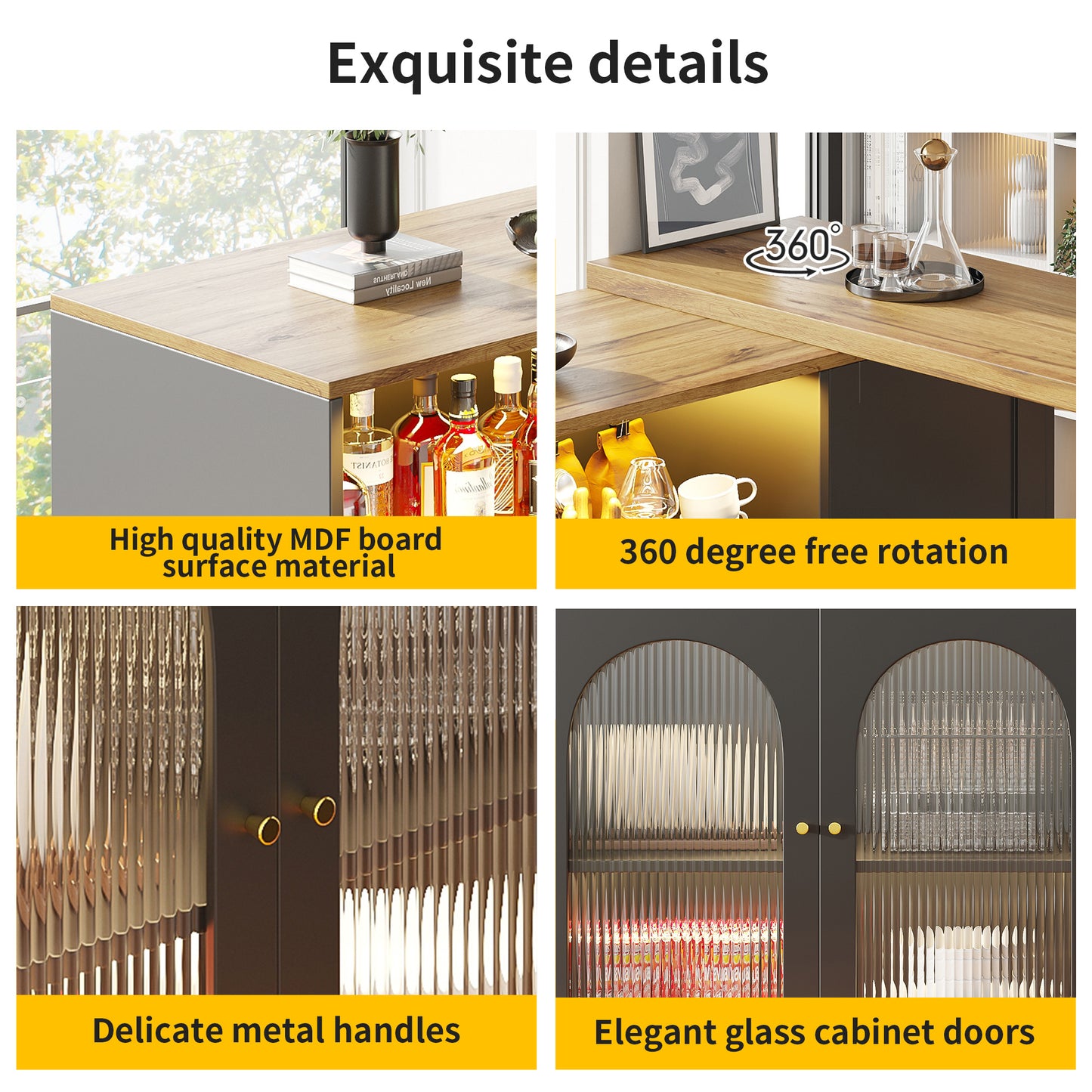 Buffetkast – Opbergkast – Keukenkast – Sideboard – Wijnkast – 360° Draaibaar Ontwerp – 198 x 39,6 x 97 cm – Glazen Deuren met Lades