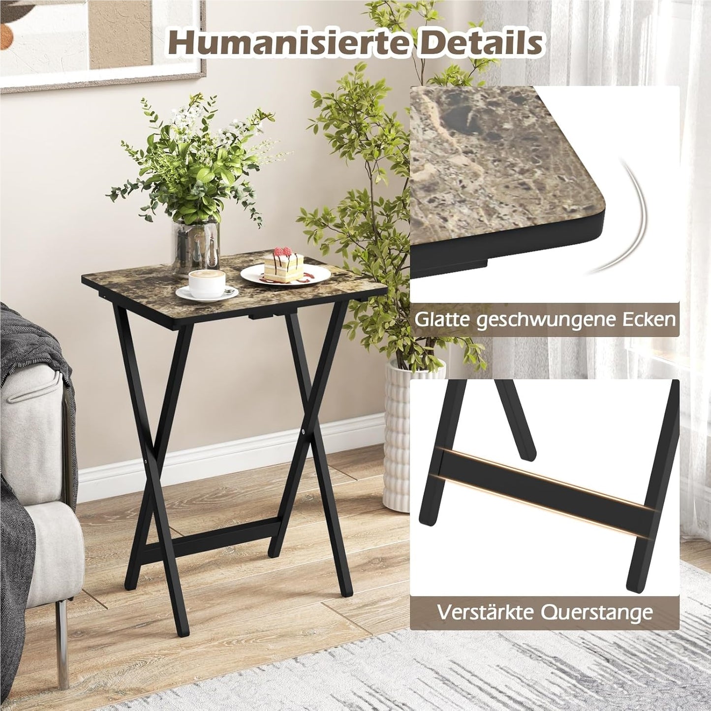 Vouwtafels – Opvouwbare Tafels – Opklapbare Bijzettafels – Bistrotafels – Tuin- en Balkon Tafels – Rubberhout Frame – Waterbestendige Marmerlook Werkblad – Set Van 4 – Draagbaar Met Handvat
