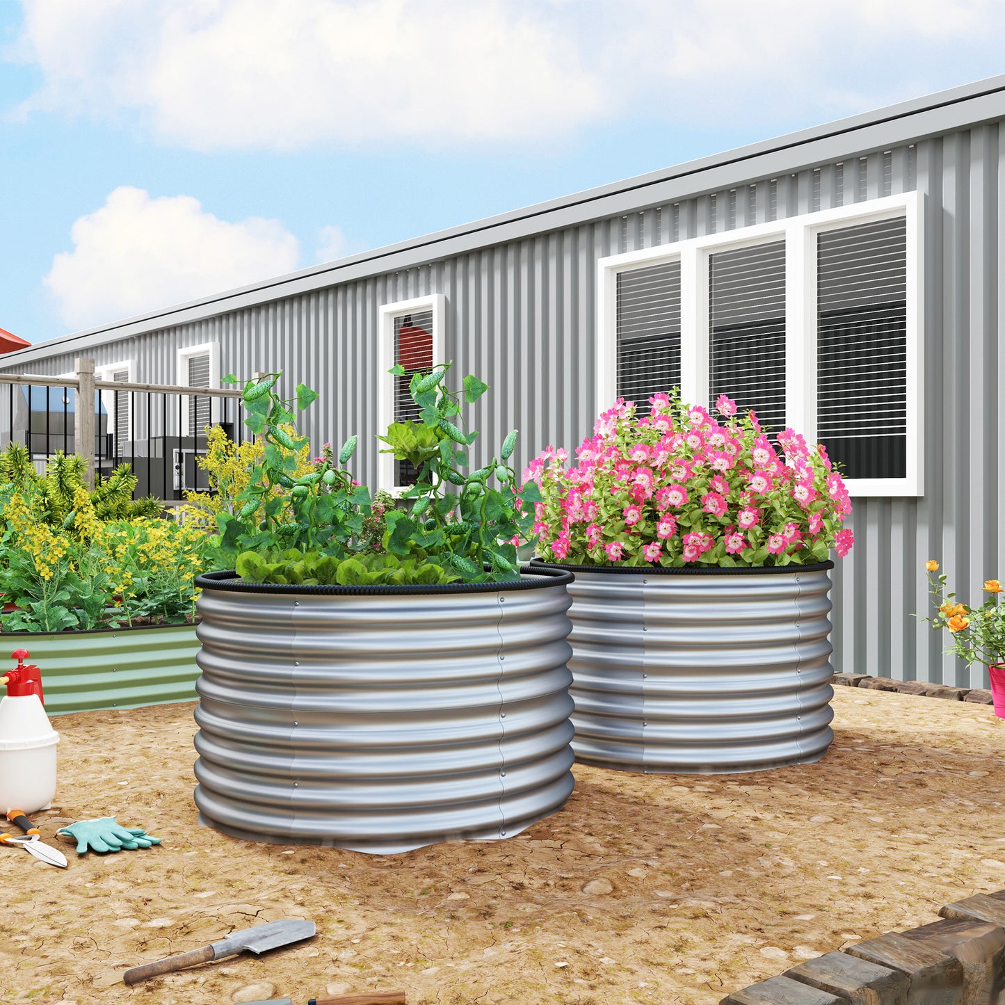 Bloembak – Plantenbak – Verhoogde Bak – Tuinbak – Bloempot – Set van 2 – Gegalvaniseerd Staal – Open Bodem met Rubberen Rand