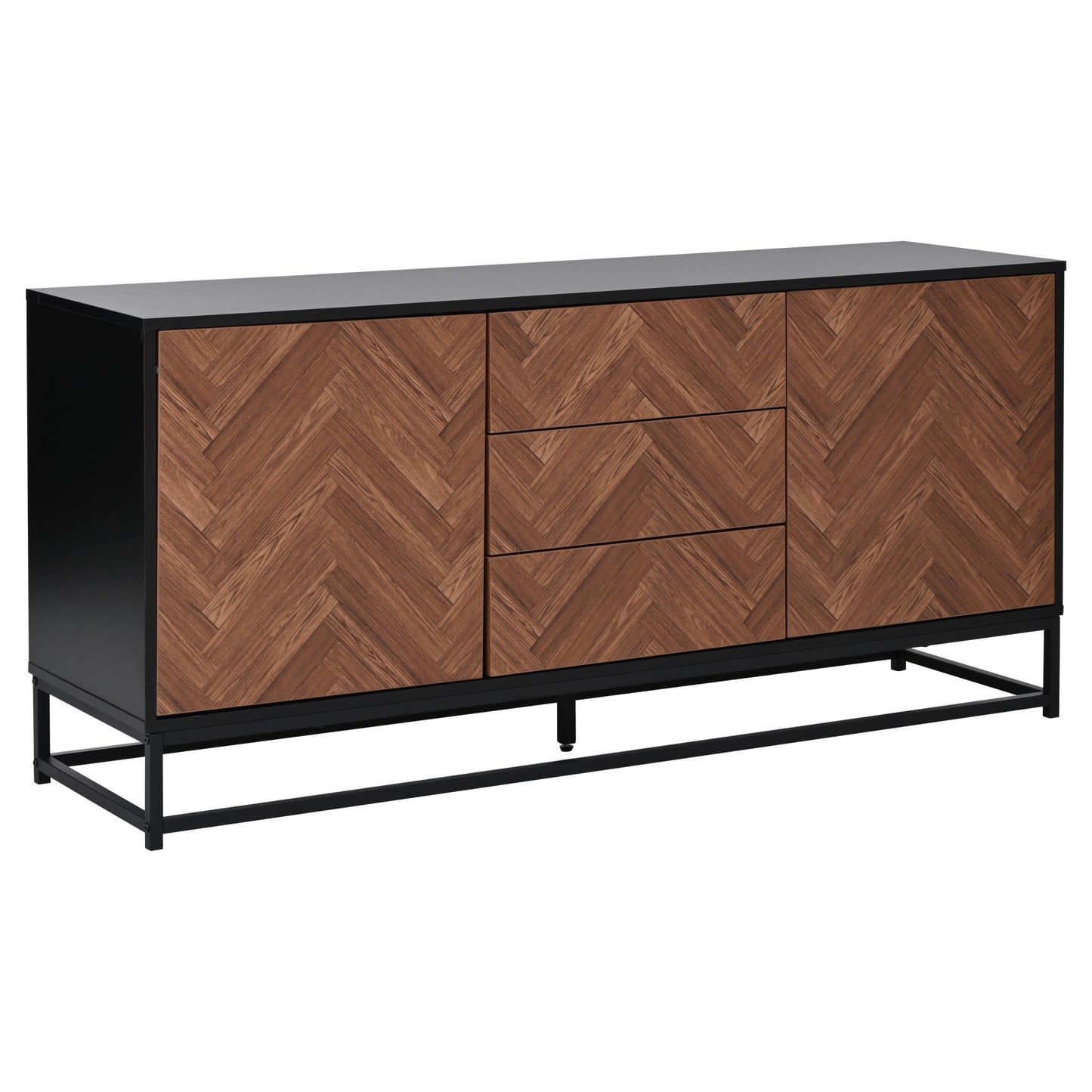 Sideboard – Dressoir – Opbergkast – Kast – Bufetkast – Modern Design – 145x40x67 cm – Zwarte Metalen Frame – Houten Look – 3 Lades – 2 Deuren – Verstelbare Binnenwanden – Stabiel – Onderhoudsvriendelijk