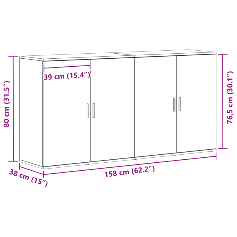 Sideboard – Dressoir – Opbergkast – Kast – Meubel – Set Van 2 – Zwart Eikenhout – 79x38x80 cm – Duurzaam Hardhout – Verwijderbare Opbergruimte