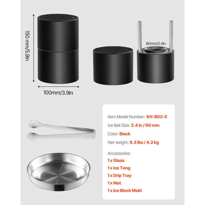 Ijsklontjespers – IJsbalpers – IJsbalmaker – Ijsballenmaker – IJsballenpers – Aluminium – 60 mm grote heldere ijsballen – Antislip en duurzaam – Zwart