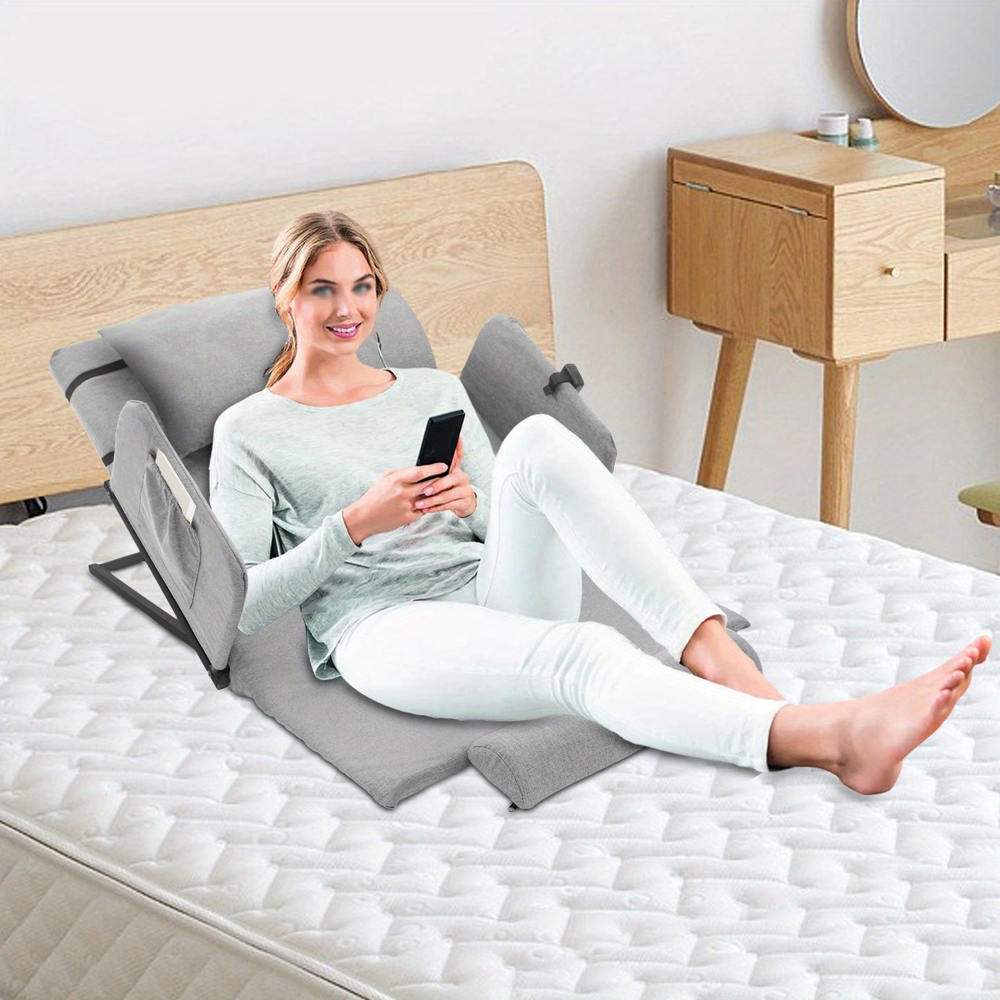 Comfortable Gray Adjustable Bed Backrest with Fixed Armrests, Headrest & Short Pad - -Linen Cushion, for Elderly/ Mobility Support