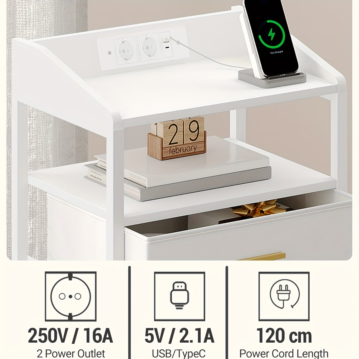 Nachtkastje – Nachtkastjes – Bedkastje – Bijzettafel – Opbergkastje – Set van 2 – LED Verlichting – Oplaadstation met USB en Stopcontacten – Modern – Zwart/Wit