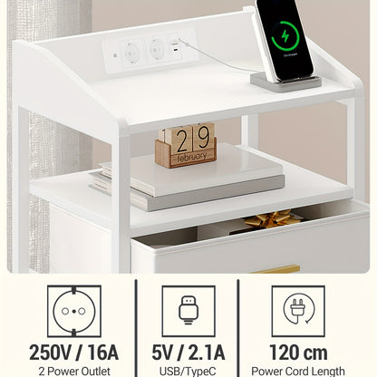 Nachtkastje – Nachtkastjes – Bedkastje – Bijzettafel – Opbergkastje – Set van 2 – LED Verlichting – Oplaadstation met USB en Stopcontacten – Modern – Zwart/Wit