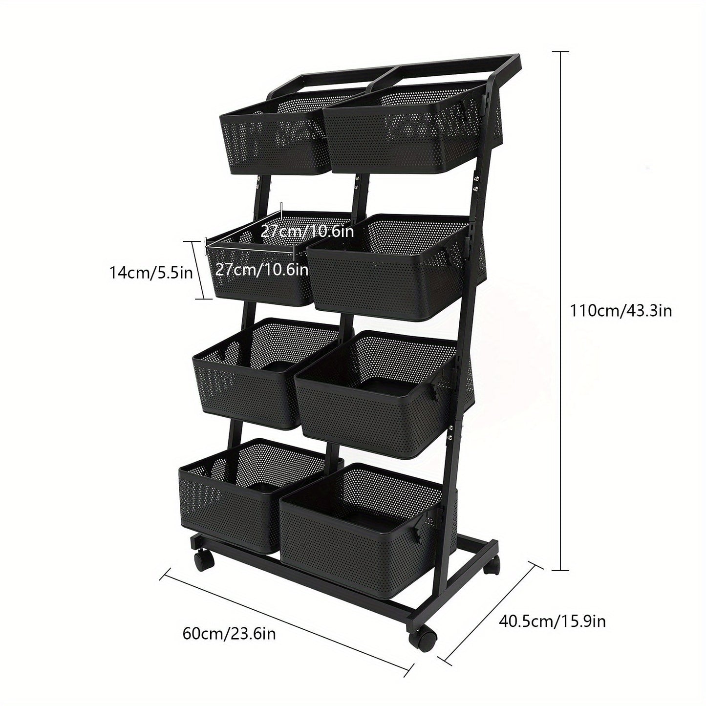 Opbergrekje – Opbergtrolley – Stellingkast – Opbergwagen – Opbergrek – Zwart Metalen Frame – 4 Laags Met 8 Grote Mandjes – Mobiel Met Remmen – Ruimtebesparend Verticaal Design (60x40,5x110 cm)