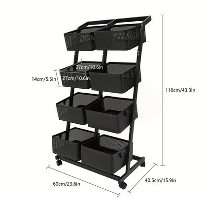 Opbergrekje – Opbergtrolley – Stellingkast – Opbergwagen – Opbergrek – Zwart Metalen Frame – 4 Laags Met 8 Grote Mandjes – Mobiel Met Remmen – Ruimtebesparend Verticaal Design (60x40,5x110 cm)