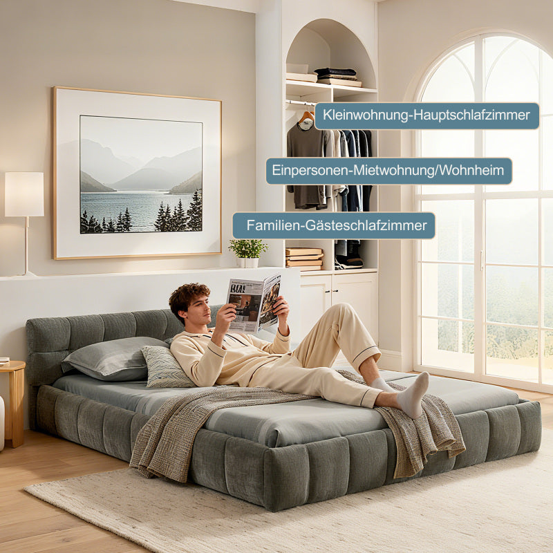 Bedframe – Tweepersoonsbed – Dubbelbed – Slaapbank – Eenpersoonsbed – Chenille Bekleding – 140x200 cm – Ecologisch Eucalyptus Hout – Stabiel IJzeren Frame – Donkergrijs – Eenvoudige Montage