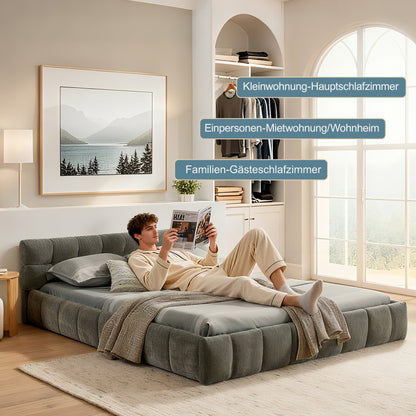Bedframe – Tweepersoonsbed – Dubbelbed – Slaapbank – Eenpersoonsbed – Chenille Bekleding – 140x200 cm – Ecologisch Eucalyptus Hout – Stabiel IJzeren Frame – Donkergrijs – Eenvoudige Montage