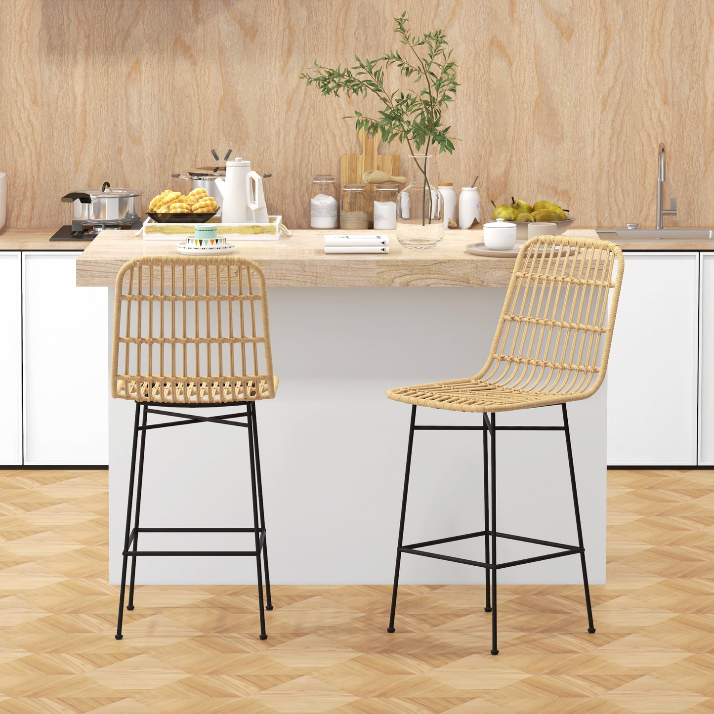 Barkrukken – Barstoelen – Krukken – Barstoelen Met Rugleuning – Geel – PE Rattan Design – Ademend Zitcomfort – Stabiele Stalen Poten
