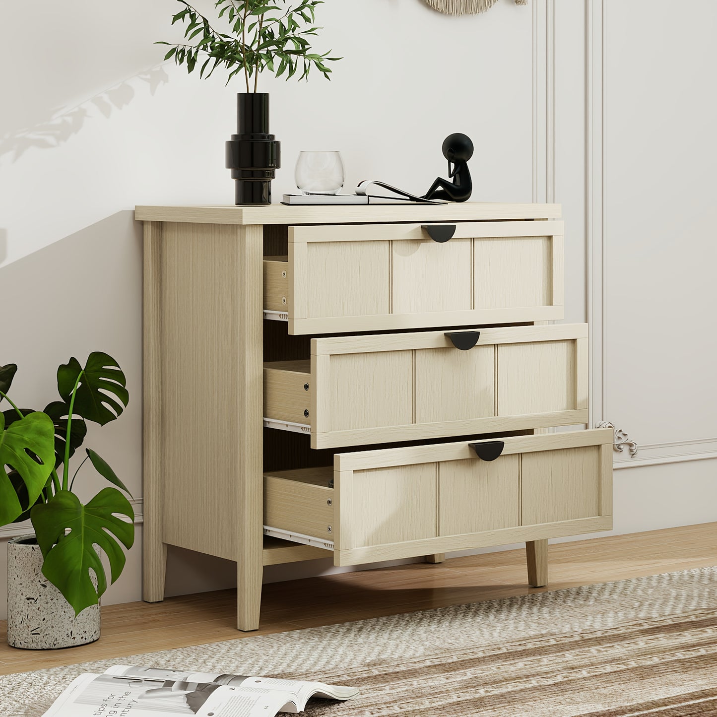 Ladekast – Dressoir – Opbergkast – Chest Of Drawers – Commode – 3 Lades – Natuurlijke Houtlook Met Gegraveerde Lijnen – Compact Formaat 80 x 40 x 80 cm