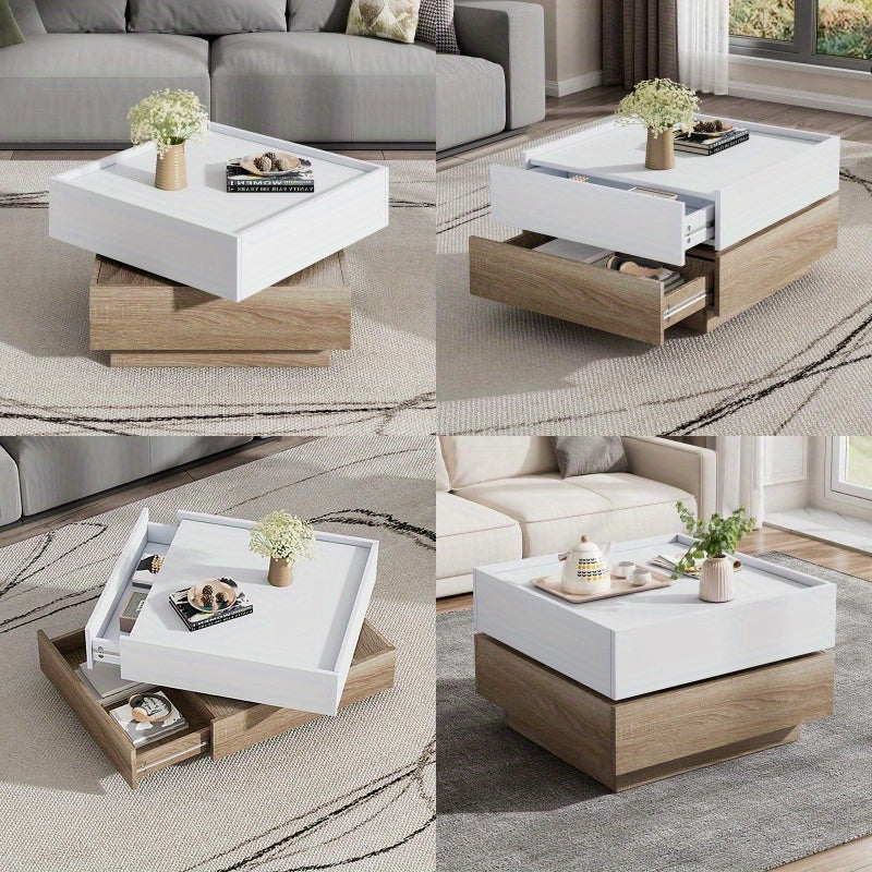 Salontafel – Koffietafel – Woonkamertafel – Draaibare Tafel – Opbergtafel – 360° Draaibaar Bovenblad – Walnoot Frame Met Wit Tafelblad