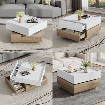 Salontafel – Koffietafel – Woonkamertafel – Draaibare Tafel – Opbergtafel – 360° Draaibaar Bovenblad – Walnoot Frame Met Wit Tafelblad