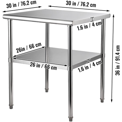 RVS Werktafel – Roestvrijstalen Werkbank – Metaaltafel – Stalen Werktafel – Keukentafel – Verstelbare Poten – Draagkracht 363 kg – 30 x 30 x 36 Inch