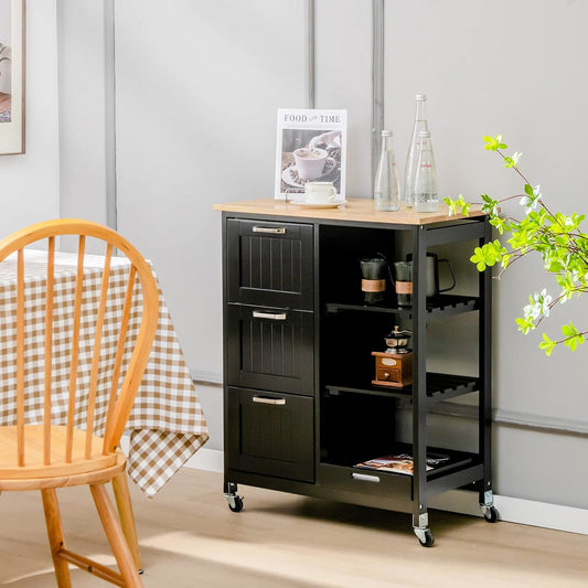 Keukentrolley – Keukenwagen – Opbergtrolley – Keukenkar – Mobiele Keukentrolley – Rubberhouten Werkblad – 3 Grote Lades & 2 Open Planken