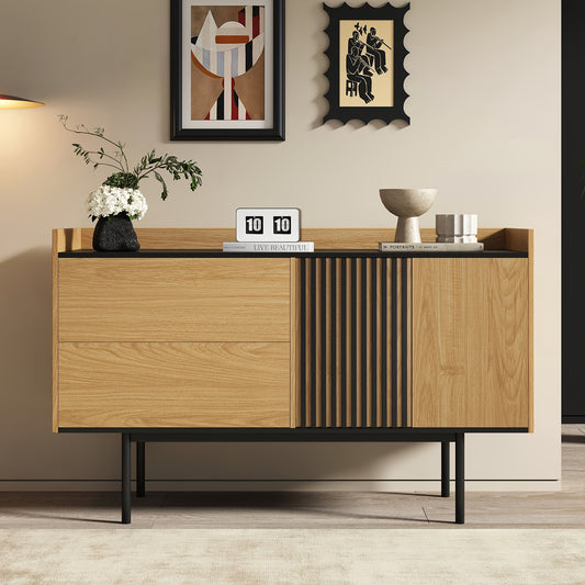 Dressoir – Sideboard – Opbergkast – Ladekast – Buffetkast – Modern Minimalistisch – Walnoot Kleur Met Zwarte Accenten – 2 Lades Met Verstelbare Planken