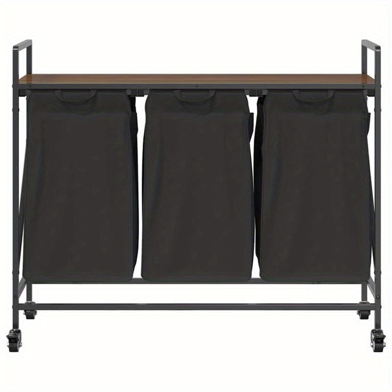 Wasmand – Wassorteerder – Wasbox – Opbergmand – Wasbak – 3 Vakken – Wieltjes – Stevig Bruin Eikenhout Frame – Duurzame Stof