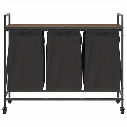 Wasmand – Wassorteerder – Wasbox – Opbergmand – Wasbak – 3 Vakken – Wieltjes – Stevig Bruin Eikenhout Frame – Duurzame Stof