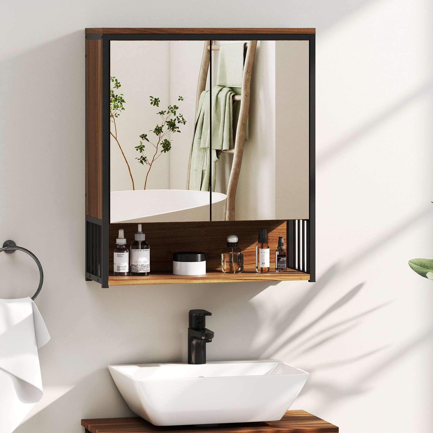 Hangend Spiegelkastje Badkamer – Badkamerkastje – Spiegelkast – Wandkastje – Opbergkast – Zachte Sluiting – 25x40,5 cm Spiegel – MDF Bruin