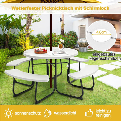 Picknicktafel – Tuinset – Terrasmeubilair – Buitenmeubel – Tuintafel Met Bankjes – Wit – 8-Persoons – Rond Met HDPE Blad En Parasolhouder