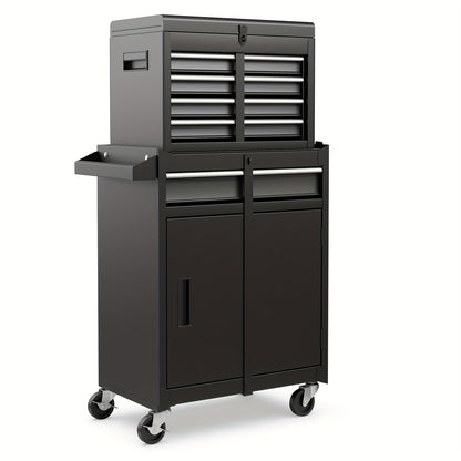 Gereedschapskist – Werkplaatskast – Tool Organizer – Opbergkist – Gereedschapswagen – Vergrendelbare Wielen – Verstelbare Planken – Afneembare Bovenkist – Antislip Voeringen – Robuuste Metalen Constructie – Zwart