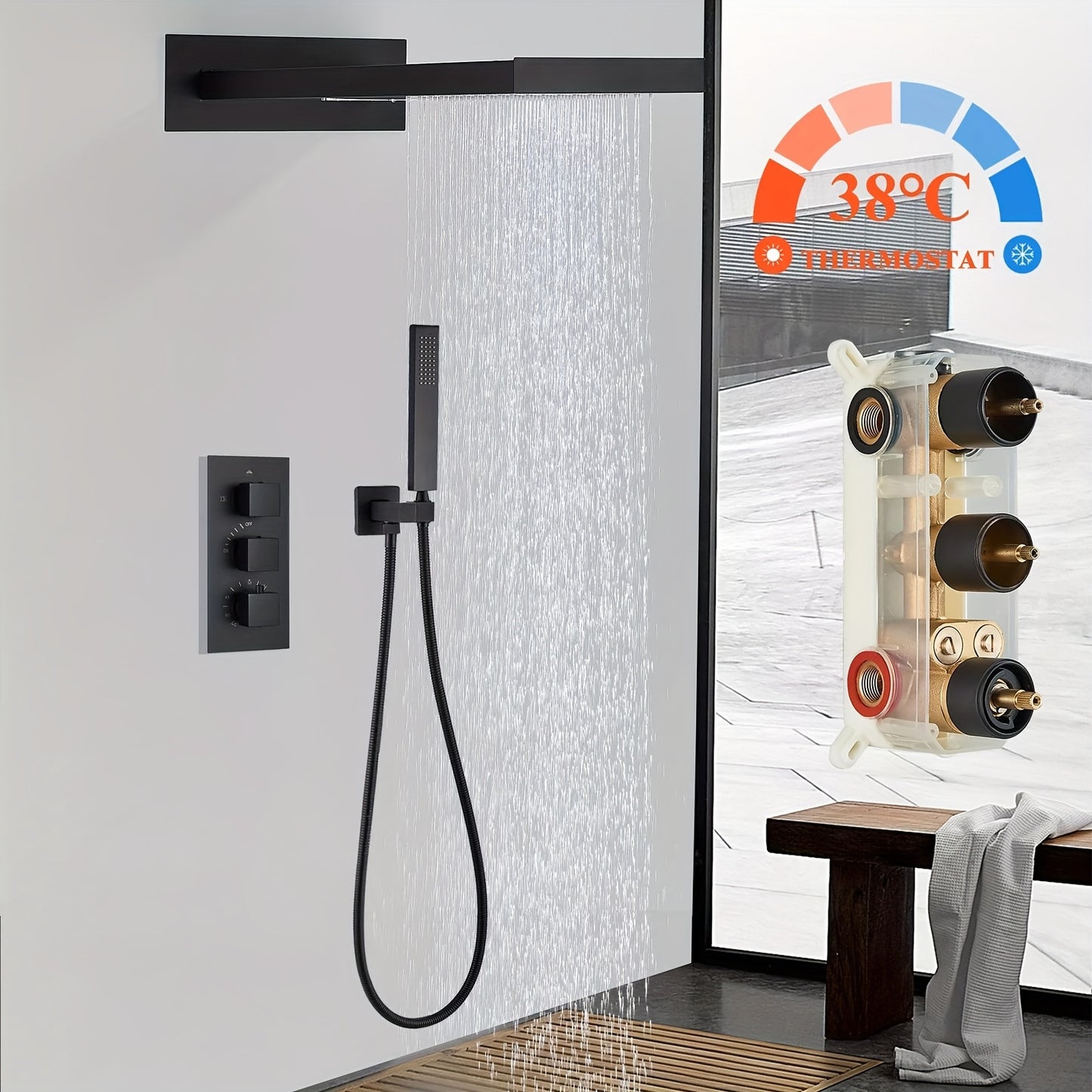 Thermostatische Regendouche Set – Douchekop – Handdouche – Regendouchekraan – Thermostaatkraan – Zwart Mat – 54x22 cm – Messing Material