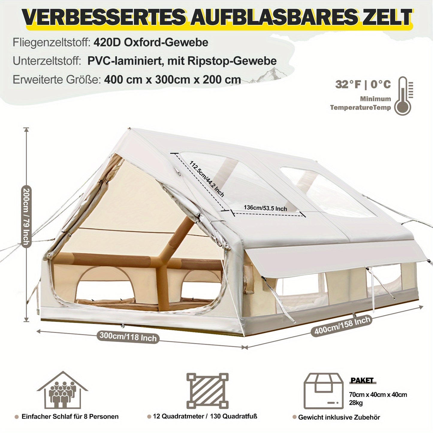 Opblaasbare Tent – Kampeertent – Familietent – Tunneltent – XL Tent – Snel Opzetten – Duurzaam 420D Oxford Materiaal – Geschikt Voor 8 Personen