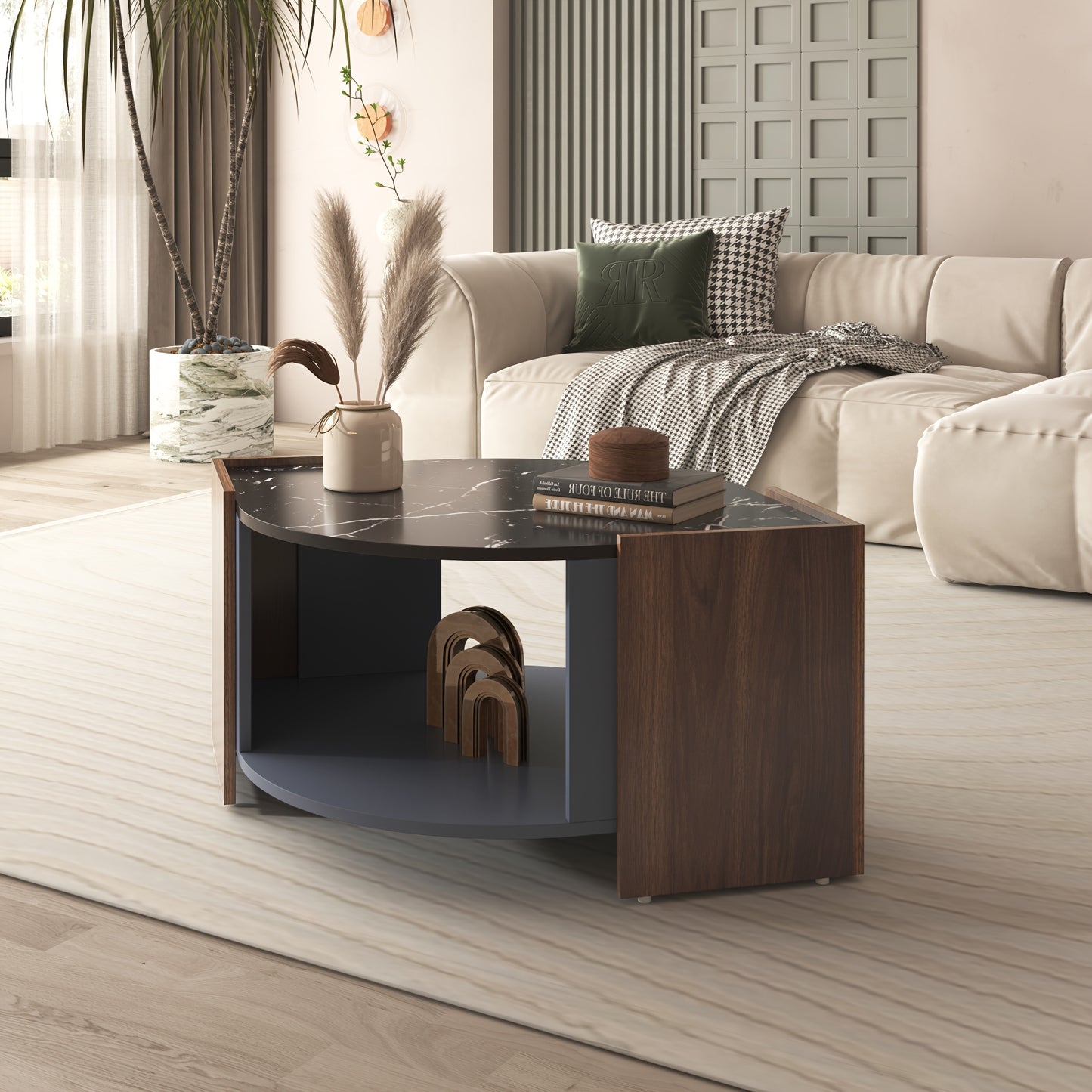 Koffietafel – Salontafel – Bijzettafel – Tafeltje – Lounge Tafel – Modern Marmerlook – Warmbruin Onderstel – Geen Montage – Compact Design