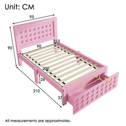 Eenpersoonsbed – Jeugdbed – Kinderbed – Bedframe – Bedkast – Massief Houten Frame – Met Lade & Opbergruimte – 90x200 cm – Roze – Zonder Matras