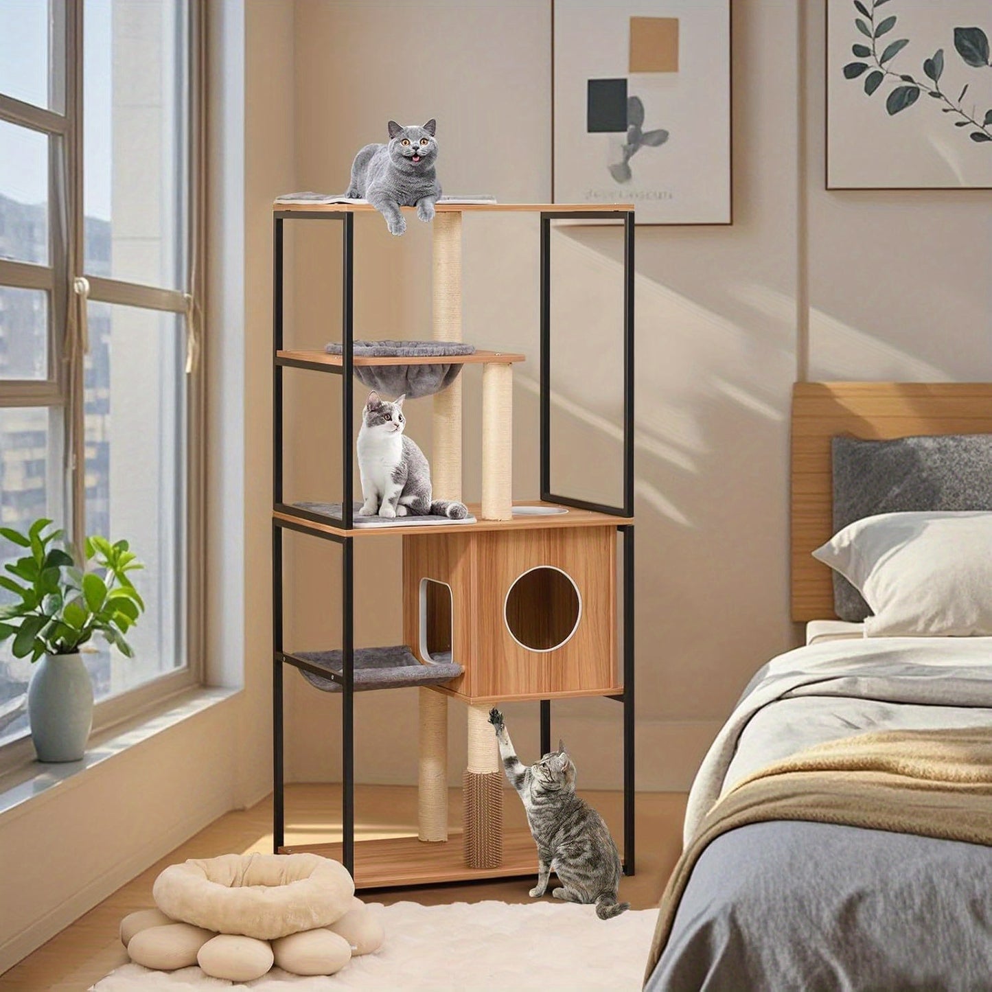 Krabpaal – Kattenboom – Kattenhuis – Kattenmeubel – Kattentoren – 160 cm Hoog – Hout & Metaal Frame – Met Hangmat en Wasbare Kussens