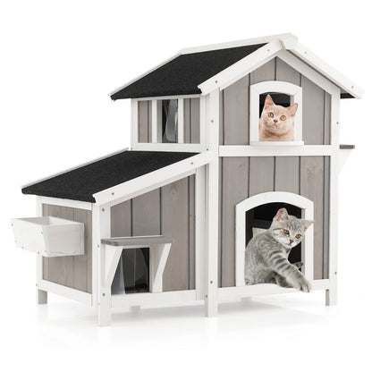 Kattenhuis – Kattenhut – Kattenvilla – Huisdierverblijf – Kattenhuisje – 2-Delig Met Asfalt Dak – Weerbestendig Hout 100x64x82,5 cm Grijs