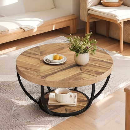 Ronde Salontafel – Koffietafel – Bijzettafel – Tafel – Woonkamertafel – Houtnerf Uitvoering – 2 Ladeplateaus – Ruim Opbergvlak – Metalen Frame – 80,5 cm Diameter – Eenvoudige Montage