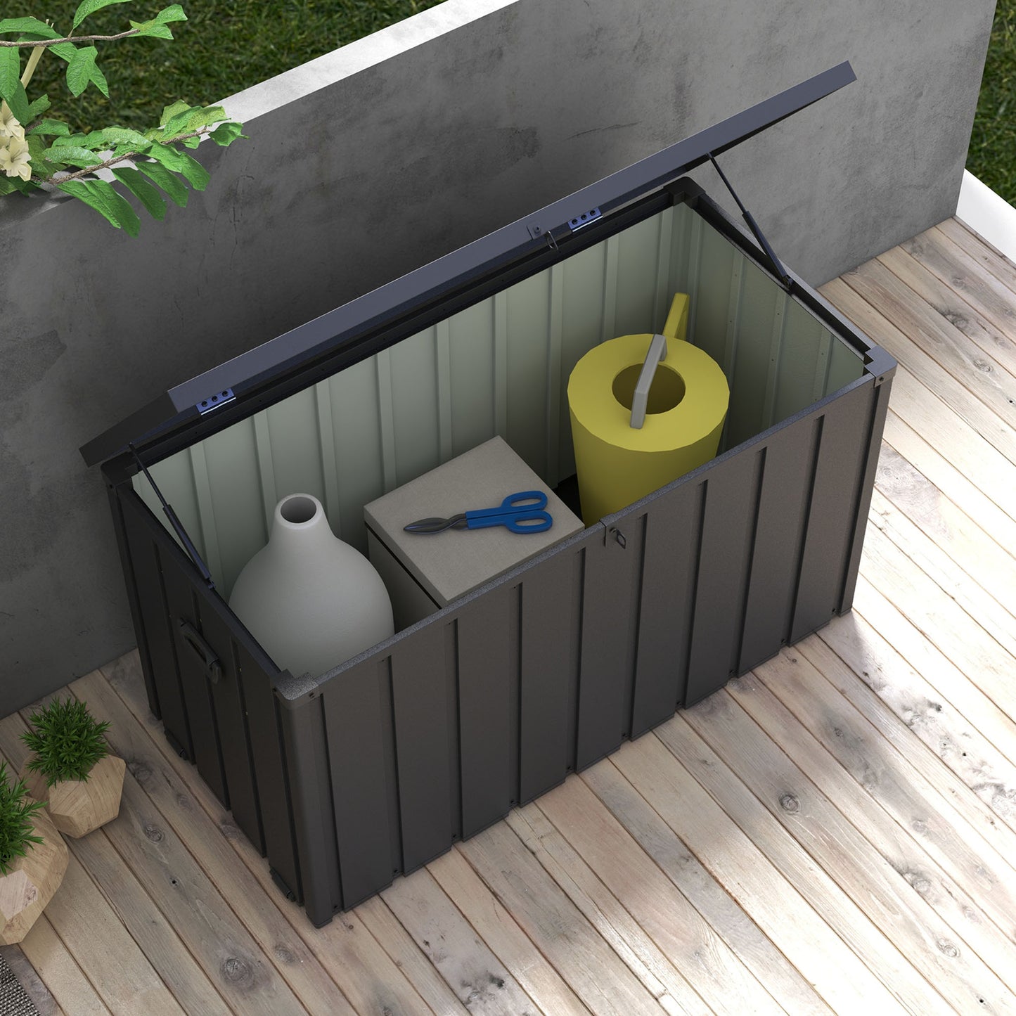 Tuinkist – Opbergbox – Kussenbox – Tuinopbergbox – Tuinbox – 450 Liter Inhoud – Stalen Behuizing Met Gasveer Deksel
