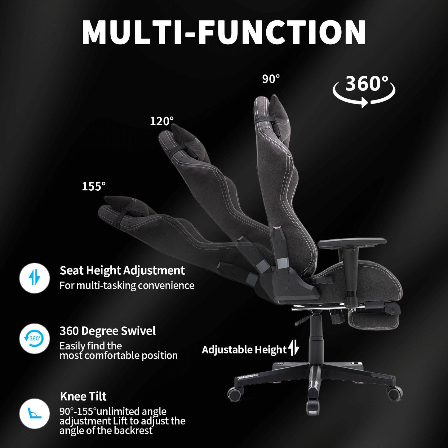 Gamingstoel – Gamestoel – Gaming Chair – Game Stoel – Bureaustoel – Ademend Stof – Pocketveer Zitting – Verstelbare Voetsteun – Opbergtas – Zwart